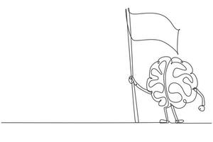 Single One Line Drawing Cartoon Gehirn stehend mit Flagge, lustiges Organ des menschlichen Nervensystems. flaches design des charaktergehirns für bildungsthema. ununterbrochene Linie zeichnen grafische Vektorillustration des Designs vektor