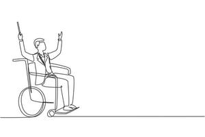 enda en rad ritning stilig man dirigent sitter i rullstol ledande orkester. funktionshinder och klassisk musik. fysiskt handikappad. kontinuerlig linje rita design grafisk vektorillustration vektor