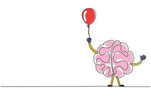 kontinuerlig en rad ritning rolig hjärna håller ballong. firande part tecknad hjärna koncept. doodle stil. platt stil design av karaktär hjärna. enkel rad rita design vektorillustration vektor