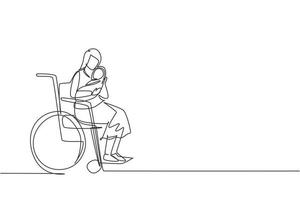 enda kontinuerlig linjeteckning föräldrar med nyfödd baby. kvinna håll baby, sitter i rullstol. funktionshindrad kvinna som håller barnet i famnen. familj kärlek koncept. en rad rita design vektorillustration vektor