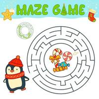 Weihnachtslabyrinth-Puzzlespiel für Kinder. kreislabyrinth oder labyrinthspiel mit weihnachtspinguin. vektor