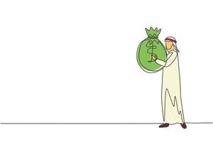 fortlaufende einstrichzeichnung arabischer geschäftsmann, der eine große tasche voller geld hält. lächelnder mann, der geht und einen großen schweren sack voller bargeld trägt. einzeiliges zeichnen design vektorgrafik illustration vektor