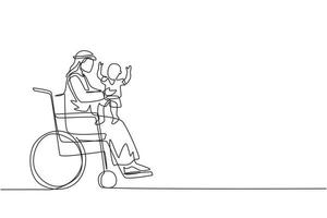 einzelne linie, die einen glücklichen behinderten vater mit seinem kind zeichnet. Behinderung arabischer Mann mit Baby in seinen Armen. Familienliebeskonzept. körperliche Behinderung. ununterbrochene Linie zeichnen Design-Vektor-Illustration vektor