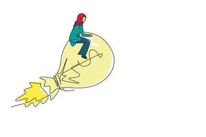 kontinuerlig en rad ritning arabisk affärskvinna rider raket pengar väska med dollartecken flyger genom himlen. finansiell affärsidé för att uppnå framgångsmål. enda rad rita design vektor