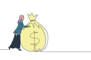 enda kontinuerlig linje ritning arabisk affärskvinna kramar stora pengar påse. ekonomisk framgång. kvinna stående, kramar enorma kassaväska. affärsidé. en rad rita design vektorillustration vektor