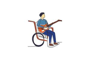 kontinuerlig en rad ritning manlig sitta rullstol spelar elgitarr, sjunga sång. fysiskt handikappad. gitarristperson på sjukhusavdelningen. enda rad rita design vektorgrafisk illustration vektor
