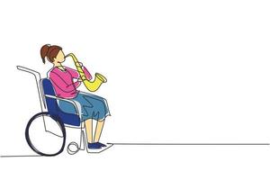 kontinuerlig en rad ritning kvinna sitter i rullstol spelar saxofon. funktionshinder och klassisk musik. fysiskt handikappad, fraktur. person på sjukhus. en rad rita design vektorgrafik vektor