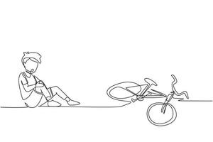 enda kontinuerlig linje ritning pojke fallit av cykeln. cykelolycka. barn fallit skadad cykel trasig transport barn olyckor hjälpa person. dynamisk en rad rita design vektorillustration vektor