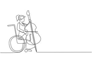 Eine einzelne Zeichnung einer Frau, die im Rollstuhl sitzt, spielt Cello im Opernkonzert. Behinderung und klassische Musik. körperlich behindert. ununterbrochene Linie zeichnen grafische Vektorillustration des Designs vektor