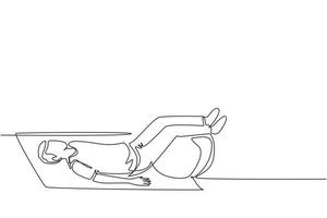 Kontinuierliche einzeilige Zeichnung Physiotherapie-Rehabilitation isometrische Zusammensetzung mit männlichem Charakter, der auf einer Matte mit Beinen auf einem Gummiball liegt. Gesundheitskonzept. einzeiliges zeichnen design vektorillustration vektor