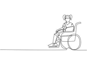 einzelne durchgehende Strichzeichnung kleines trauriges Mädchen mit Gipsbein. Verletztes verärgertes Kind, das mit gebrochenem Bein im Rollstuhl sitzt. Kind mit gebrochenem Bein, das unter Schmerzen leidet. Designvektor mit einer Linie zeichnen vektor