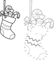 Punkt-zu-Punkt-Weihnachtspuzzle für Kinder. Spiel Punkte verbinden. Socke vektor