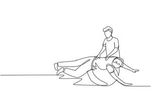 durchgehende einzeilige zeichnung isometrische zusammensetzung der physiotherapie-rehabilitation mit einem männlichen patienten, der mit einem medizinischen assistenten auf einem gummiball liegt. einzeiliges zeichnen design vektorgrafik illustration vektor
