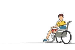 kontinuerlig en rad teckning skadad upprörd pojke i gips eller gips, sittande i rullstol lider av smärta. benolycka. sårad liten pojke. enda rad rita design vektorgrafisk illustration vektor