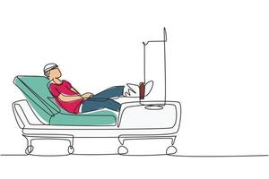 einzelne einzeilige Zeichnung eines männlichen Patienten mit gebrochenem Bein, der im Krankenhaus liegt. Krankenhausaufenthalt des Patienten. kranke Person liegt im Bett. Das Bein wird bandagiert und mit Gips fixiert. Designvektor mit durchgehender Linie vektor