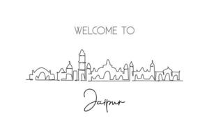 einzelne fortlaufende Linienzeichnung der Skyline der Stadt Jaipur, Indien. berühmte Stadtkratzerlandschaft. Weltreise nach Hause Wanddekor Kunstplakat Druckkonzept. moderne einzeilige abgehobene betragsdesign-vektorillustration vektor