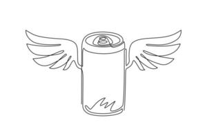 Kontinuierliche einzeilige Zeichnung Getränkedose mit Flügeln. Flying Soda-Konzept. essen im linearen stil der gekritzelkarikatur. für flyer, aufkleber, karte, logo, symbol, druck, poster. einzeiliges zeichnen design vektorgrafik vektor