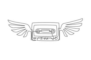 enda en rad ritning retro kassett med vingar klistermärke ikon. kassettband musik angel wing fly logotyp mall. kassettängel med vingar och platt stil. kontinuerlig linje rita design grafisk vektor