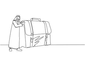 enda en rad ritning glad arabisk affärsman kramar resväska med pengar. chef och fall med kontanter. framgångsrikt affärsnöjesmål. modern kontinuerlig linje rita design grafisk vektorillustration vektor