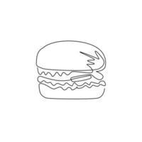 einzelne einzeilige zeichnung hamburger symbol. klassischer burger amerikanischer cheeseburger mit salat tomate zwiebel käse rindfleisch und sauce. Fastfood. moderne grafische vektorillustration des ununterbrochenen zeichnendesigns vektor