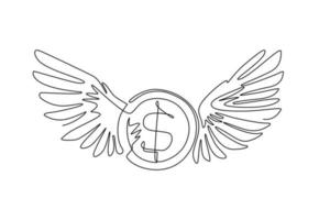 Einzelne einzeilige Zeichnung prägt Dollar mit Flügeln, die in den Himmel fliegen. Konzept für verlorenes Geld. fliegendes Geld. Wirtschaft, Finanzen, Geldpiktogramm. moderne grafische vektorillustration des ununterbrochenen zeichnendesigns vektor