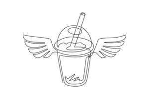 enda en rad ritning bubbla boba te drink med vingar. mat i doodle tecknad linjär stil. för flygblad, klistermärke, kort, logotyp, ikon, tryck, affisch. modern kontinuerlig linje rita design grafisk vektor