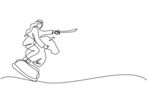 kontinuierliche einstrichzeichnung arabischer geschäftsmann, der großen schachpferdritter mit schwert reitet. strategie, geschäft, wettbewerb, zielkonzept. einzeiliges zeichnen design vektorgrafik illustration vektor