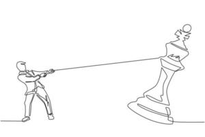 fortlaufende einzeilige zeichnung junger geschäftsmann, der großes königsschach mit seil zieht. geschäftsziel, strategie, wettbewerbsfähiges, strategisches konzept. einzeiliges zeichnen design vektorgrafik illustration vektor