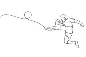 Single One Line Drawing Fußballspieler, der den Ball tritt. spezielle Uniform im flachen Stil des Tischlers. Fußballer erzielt ein Tor. fußballsport- und mannschaftsspielkonzept. ununterbrochene Linie zeichnen Design-Vektor-Illustration vektor