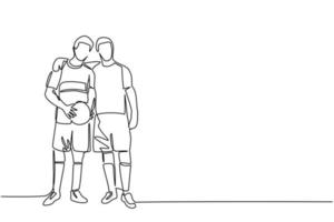 fortlaufende einlinienzeichnung zwei fußballspieler umarmen sich. zwei freundliche Spaziergänge zusammen nach dem Spiel beendet. männliche fußballspieler feiern das tor mit umarmung. einzeiliger Entwurfsvektor vektor