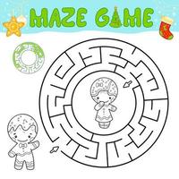 jul svart och vit labyrint pusselspel för barn. kontur cirkel labyrint eller labyrint spel med jul pepparkaksgubbe vektor
