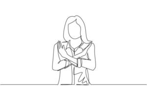 enda kontinuerlig linjeteckning ung kvinna som korsar armarna och säger ingen gest. person som gör x-form, stoppskylt med händer och negativt uttryck. en rad rita grafisk design vektorillustration vektor