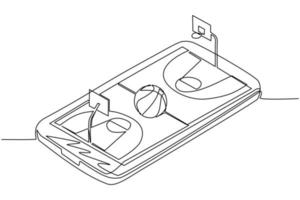 Kontinuierliche einzeilige Zeichnung des Basketball-Online-Konzepts. isometrisches basketballfeld, ball und anzeigetafel auf dem smartphone-bildschirm platziert. Online-Basketballspiele. einzeiliges zeichnen design vektorgrafik vektor