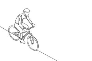 kontinuerlig en rad ritning man i hjälm och sportkläder på en cykel. en ensam cyklist cyklar på vägen. en vuxen man i hjälm cyklar på vägen. enda rad rita design vektor