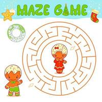 Weihnachtslabyrinth-Puzzlespiel für Kinder. kreislabyrinth oder labyrinthspiel mit weihnachtslebkuchenmann. vektor