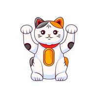maneki neko ist eine japanische katze mit erhobenen pfoten und einem geldbeutel. Symbol für Glück und Reichtum. Vektor-Cartoon-Illustration auf einem weißen, isolierten Hintergrund vektor