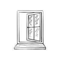öppet glasfönster i en ram. skiss på en vit isolerad bakgrund. interiör. vektor handritade illustration