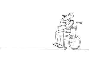 kontinuierliche einzeilige zeichnung behinderte person, die das leben genießt. Schönheitsfrau, die im Rollstuhl sitzt und in der Karaoke-Bar singt. Zeit an einem Erholungsort verbringen. einzeiliges zeichnen design vektorillustration vektor