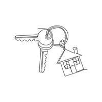 Schlüsselanhänger mit durchgehender Strichzeichnung mit Schlüsselring, zwei Schlüsseln und einem hängenden Hausmedaillon. Schlüsselanhänger mit Haus mit Medaillon-Vektorsymbol. dynamische einzeilige abgehobene betragsgrafikdesign-vektorillustration vektor