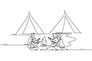 enda en rad ritning två par camping runt lägerelden tält. grupp av man kvinna värma sina händer nära brasan sitter på marken. vild naturresa. kontinuerlig linje rita design vektorillustration vektor