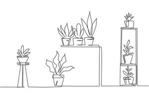 einzelne einzeilige zeichnung hausgarten, sukkulenten, blumen, topfpflanzen. Innenarchitektur, Tisch, Regal, Ständer für Zimmerpflanzen. Sämlinge von dekorativen Tulpen. durchgehende Liniendesign-Vektorillustration vektor