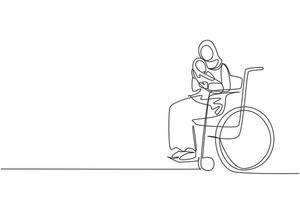 kontinuerlig en rad teckning föräldrar med nyfödd baby. arabisk kvinna håll baby, sitter i rullstol. funktionshindrad kvinna som håller barnet i famnen. familj kärlek koncept. en rad rita design vektorgrafik vektor
