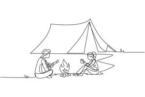 einzelne durchgehende Linie, die ein Campingpaar um Lagerfeuerzelte zeichnet. Mann, der Gitarre spielt, und Frau, die heißen Tee trinkt und sich in der Nähe des Lagerfeuers auf dem Boden aufwärmt. eine Linie zeichnen Design-Vektor-Illustration vektor