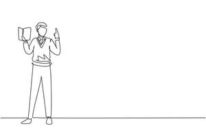 kontinuierliche einzeilige zeichnung eines jungen professors, der mit einem buch in den händen vor der klasse steht, männliche lehrerschüler im klassenzimmer in der schule. einzeiliges zeichnen design vektorgrafik illustration vektor