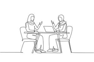 Kontinuierliche einzeilige Zeichnung einer muslimischen Fernsehsendung mit Gast. Berühmtheit eines arabischen Mädchens, das dem Fernsehmoderator ein Interview gibt, Journalist, der berühmte Frauen als Gastgeber fragt. einzeiliges zeichnen design vektorillustration vektor