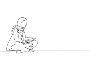durchgehende einzeilige zeichnung süße arabische dame, die auf dem boden sitzt und buch liest. entzückende junge frau, die wochenende zu hause verbringt. Freizeitbeschäftigung, Entspannung. einzeiliges zeichnen design vektorillustration vektor