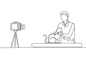 enda en rad ritning tonåring husdjur bloggare. tonåring pojke med katt spelar in video på kameran. hobbies och fritid, blogga om husdjur, djurvän. kontinuerlig linje rita design grafisk vektorillustration vektor