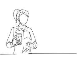 Eine einzige durchgehende Linie zeichnet eine junge Frau, die Soda hält und zeigt, die eine Dose auffrischt, die zu Hause auf der Couch im Wohnzimmer sitzt. Mädchen hält erfrischendes Sodagetränk. eine Linie zeichnen Design-Vektor-Illustration vektor