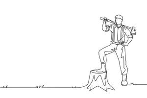 einzelne einzeilige Zeichnung lächelnder Holzfäller mit Hemd, Jeans und Stiefeln. auf seiner Schulter eine Axt haltend, die mit einem Fuß auf einem Baumstumpf posiert. ununterbrochene Linie zeichnen grafische Vektorillustration des Designs vektor