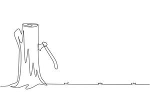 einzelne durchgehende Strichzeichnung Beil neben Baumstumpf. ein Baumstumpf, in dem eine Axt steckt. Wald, Campingkonzept. Axt steckt am Stumpf fest. dynamische einzeilige abgehobene betragsgrafikdesign-vektorillustration vektor